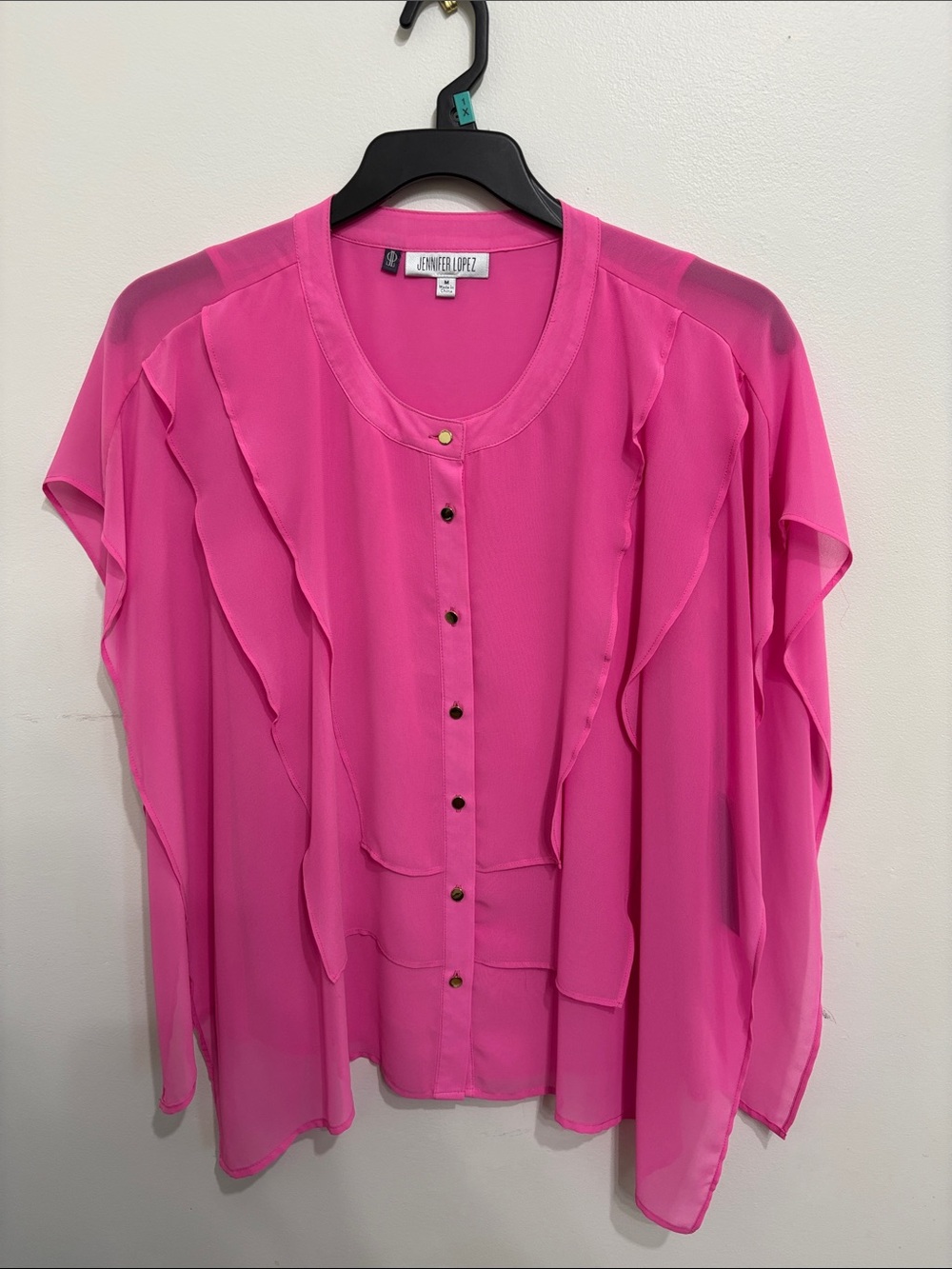 Jennifer Lopez Hot Pink Ruffle-Trim Button Blouse